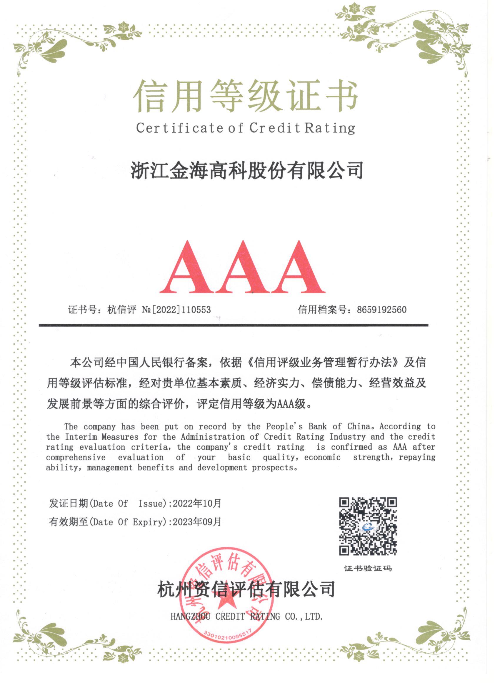信用等级证书AAA级